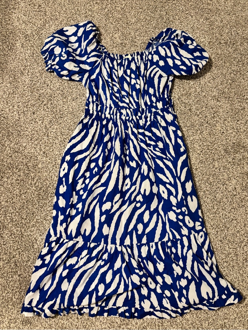 Blue and White Puff-Sleeve Midi Dress with Smocked Waist